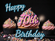 Happy Birthday Age 70 GIF, 70th Birthday GIF: A delicious cupcake gif with animated sparkles reading Happy Birthday with a name to customize