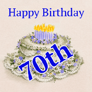 Happy Birthday Age 70 GIF, 70th Birthday GIF: A beautiful animated birthday gif with a vintage style cake drawing and animated candle flames. Customize the name and text.