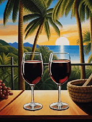 Happy Birthday Age 70 GIF, 70th Birthday GIF: Birthday animated gif of 2 glasses of wine overlooking a tropical dusk as a birthday greeting appears.