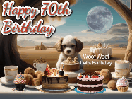 Happy Birthday Age 70 GIF, 70th Birthday GIF: Animated birthday gif with a dog at a fancy birthday table loaded with cakes as hearts appear. It reads Happy Birthday Customize.