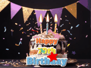 Happy Birthday Age 70 GIF, 70th Birthday GIF: Happy birthday cake animated gif with flickering candles, animated text, and falling confetti. Customize text reading Happy Birthday Customize.