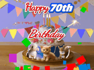 Happy Birthday Age 70 GIF, 70th Birthday GIF: Happy Birthday Cake GIF with a cat, lamb, and squirrel on the cake with flickering candles, a sparkler, and falling confetti. Reads Happy Birthday Name and you can customize the name