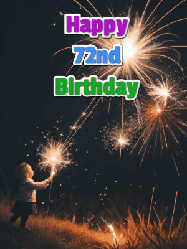 Happy Birthday Age 72 GIF, 72nd Birthday GIF: A little girl launching birthday sparklers at night with Happy Birthday Name text you can personalize. 