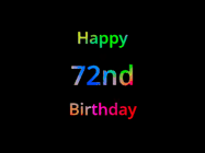 Happy Birthday Age 72 GIF, 72nd Birthday GIF: Happy birthday gif with animated rainbow lettering on a black background with hearts float up past them.