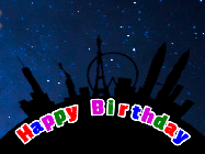 Happy Birthday Age 72 GIF, 72nd Birthday GIF: Happy birthday animated gif of a cute shooting star over a skyline dropping the birthday name that you can customize