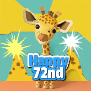 Happy Birthday Age 72 GIF, 72nd Birthday GIF: Cute giraffee birthday gif depicting a paper cutout bobbing giraffe head and birthday text you can customize with sparklers.