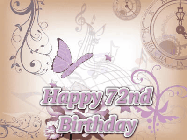 Happy Birthday Age 72 GIF, 72nd Birthday GIF: Classical birthday gif background with colorful musical notes floating past and a name you can customize, reads Happy Birthday.