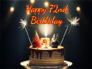 Happy Birthday Age 72 GIF, 72nd Birthday GIF: Animated birthday cake gif with sparklers on a dark background. Personalize up to 3 lines of text.