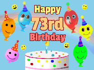 Happy Birthday Age 73 GIF, 73rd Birthday GIF: Look at these cute balloons! Floating above a birthday cake. Animated happy faces too. Happy Birthday GIF. Customize. 