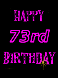 Happy Birthday Age 73 GIF, 73rd Birthday GIF: Retro happy birthday GIF with 2 lines of text you can customize on a black background with animated twinkles.