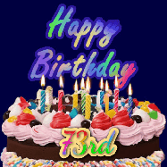 Happy Birthday Age 73 GIF, 73rd Birthday GIF: A dark blue birthday gif with a beautiful cake with flickering candles, background sparkles and a name to customize.