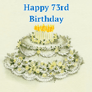 Happy Birthday Age 73 GIF, 73rd Birthday GIF: A beautiful vintage birthday cake design with flickering candles atop and three lines of customized happy birthday text.