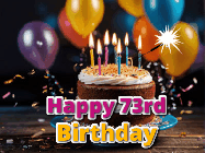 Happy Birthday Age 73 GIF, 73rd Birthday GIF: A birthday cake with flickering candles gif with text reading Happy Birthday and a Name slot to customize