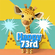 Happy Birthday Age 73 GIF, 73rd Birthday GIF: Cute giraffee birthday gif depicting a paper cutout bobbing giraffe head and birthday text you can customize with sparklers.