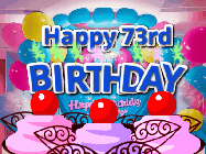 Happy Birthday Age 73 GIF, 73rd Birthday GIF: Birthday animated gif with sparklers on text name you can customize. Brightly colored with a close up cake cherries.