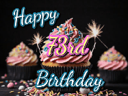 Happy Birthday Age 73 GIF, 73rd Birthday GIF: A delicious cupcake gif with animated sparkles reading Happy Birthday with a name to customize