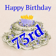 Happy Birthday Age 73 GIF, 73rd Birthday GIF: A beautiful animated birthday gif with a vintage style cake drawing and animated candle flames. Customize the name and text.
