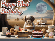Happy Birthday Age 73 GIF, 73rd Birthday GIF: Animated birthday gif with a dog at a fancy birthday table loaded with cakes as hearts appear. It reads Happy Birthday Customize.
