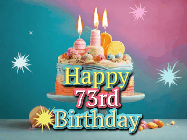 Happy Birthday Age 73 GIF, 73rd Birthday GIF: A colorful animated Happy Birthday Cake GIF with swirling sparkles and flickering candles. It reads Happy Birthday Name