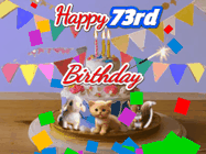 Happy Birthday Age 73 GIF, 73rd Birthday GIF: Happy Birthday Cake GIF with a cat, lamb, and squirrel on the cake with flickering candles, a sparkler, and falling confetti. Reads Happy Birthday Name and you can customize the name