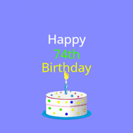 Happy Birthday Age 74 GIF, 74th Birthday GIF: What a cute birthday gif! an emoji happy face falls down with a balloon, reveals a birthday cake, and rolls away.