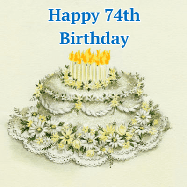 Happy Birthday Age 74 GIF, 74th Birthday GIF: A beautiful vintage birthday cake design with flickering candles atop and three lines of customized happy birthday text.