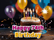 Happy Birthday Age 74 GIF, 74th Birthday GIF: A birthday cake with flickering candles gif with text reading Happy Birthday and a Name slot to customize