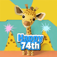 Happy Birthday Age 74 GIF, 74th Birthday GIF: Cute giraffee birthday gif depicting a paper cutout bobbing giraffe head and birthday text you can customize with sparklers.