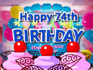 Happy Birthday Age 74 GIF, 74th Birthday GIF: Birthday animated gif with sparklers on text name you can customize. Brightly colored with a close up cake cherries.