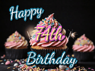 Happy Birthday Age 74 GIF, 74th Birthday GIF: A delicious cupcake gif with animated sparkles reading Happy Birthday with a name to customize
