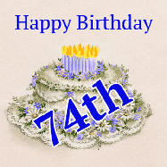 Happy Birthday Age 74 GIF, 74th Birthday GIF: A beautiful animated birthday gif with a vintage style cake drawing and animated candle flames. Customize the name and text.