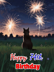Happy Birthday Age 74 GIF, 74th Birthday GIF: An animated gif at night showing the backside of a sitting cat who watches sparkle and fireworks over a meadow. Customize name and happy birthday.