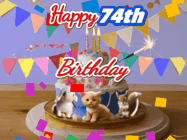 Happy Birthday Age 74 GIF, 74th Birthday GIF: Happy Birthday Cake GIF with a cat, lamb, and squirrel on the cake with flickering candles, a sparkler, and falling confetti. Reads Happy Birthday Name and you can customize the name