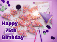 Happy Birthday Age 75 GIF, 75th Birthday GIF: A big paper sparkle highlights this animated birthday gif showing a birthday cake place setting with decorations.