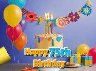 Happy Birthday Age 75 GIF, 75th Birthday GIF: Happy birthday cake animated gif with flickering candles, balloons, confetti, and text to customize.