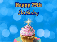 Happy Birthday Age 75 GIF, 75th Birthday GIF: Animated gif happy birthday cupcake with sparkler and customizable glittering text