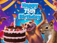 Happy Birthday Age 75 GIF, 75th Birthday GIF: A silly animated birthday gif, a chipmunk lights bady cake sparkler with laser beam eyes and starts a bright glitter party.