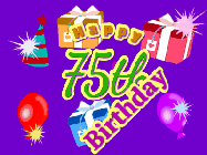 Happy Birthday Age 75 GIF, 75th Birthday GIF: Animated Birthday GIF with growing and shrinking background and sparklers and a customizable name that spins around.