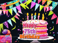 Happy Birthday Age 75 GIF, 75th Birthday GIF: A beautiful little birthday gif styled after paper cutout art with a birthday cake and falling confetti. It's customizable.