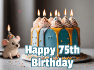 Happy Birthday Age 75 GIF, 75th Birthday GIF: Super cute birthday gif with name and little mouse in a party hat, a birthday cake with flickering candles. Customize text.