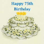 Happy Birthday Age 75 GIF, 75th Birthday GIF: A beautiful vintage birthday cake design with flickering candles atop and three lines of customized happy birthday text.
