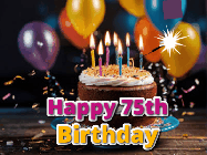 Happy Birthday Age 75 GIF, 75th Birthday GIF: A birthday cake with flickering candles gif with text reading Happy Birthday and a Name slot to customize