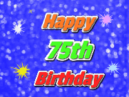 Happy Birthday Age 75 GIF, 75th Birthday GIF: A glitter birthday gif with a blue glitter background and animated text reading Happy Birthday Name