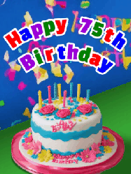 Happy Birthday Age 75 GIF, 75th Birthday GIF: A brightly colored animated birthday gif with a cake and a cute cartoon dragon flies past to light the candles. Customize banner text.