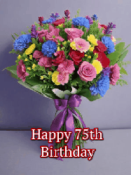 Happy Birthday Age 75 GIF, 75th Birthday GIF: A beautiful animated birthday gif with a bouquet of flowers and animated hearts reading Happy Birthday Customize