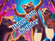 Happy Birthday Age 75 GIF, 75th Birthday GIF: Happy Birthday GIF depicting a mongoose party with animated fireworks, sparkles and champagne. Reads Happy Birthday Name. Customize it.