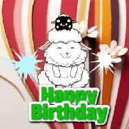 Happy Birthday Age 75 GIF, 75th Birthday GIF: A cute lamb gif with a bouncing lamb with sparklers with text flashing Happy Birthday Name that can be customized.
