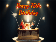 Happy Birthday Age 75 GIF, 75th Birthday GIF: Animated birthday cake gif with sparklers on a dark background. Personalize up to 3 lines of text.
