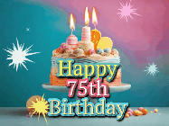 Happy Birthday Age 75 GIF, 75th Birthday GIF: A colorful animated Happy Birthday Cake GIF with swirling sparkles and flickering candles. It reads Happy Birthday Name