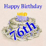 Happy Birthday Age 76 GIF, 76th Birthday GIF: A beautiful animated birthday gif with a vintage style cake drawing and animated candle flames. Customize the name and text.